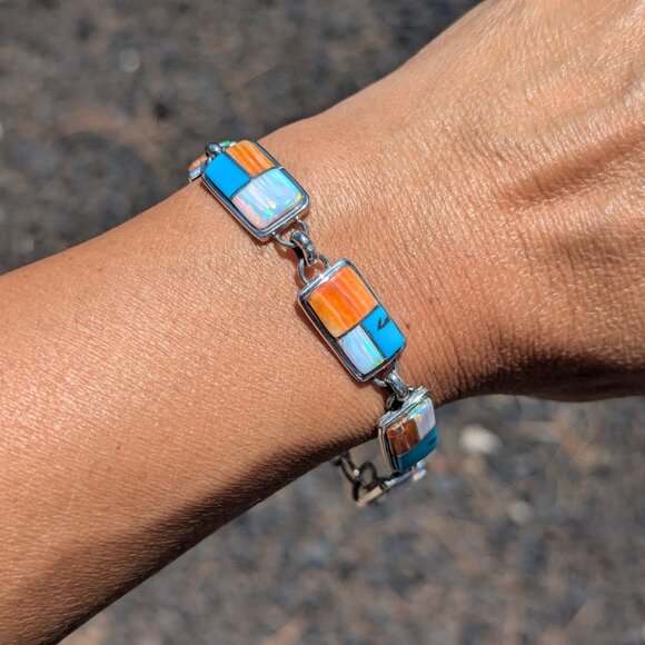 Navajo Multi Stones Link Bracelet: Sterling Silver Jewelry Signed Sz 7-8.25in*** - Picture 1 of 9
